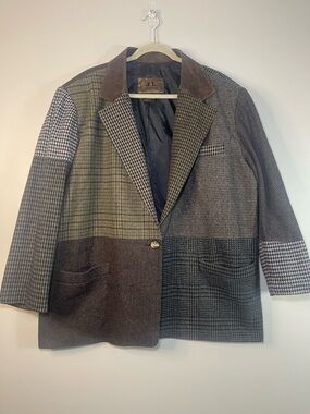 Patchwork Wool Blazer Jacket in Brown and Gray